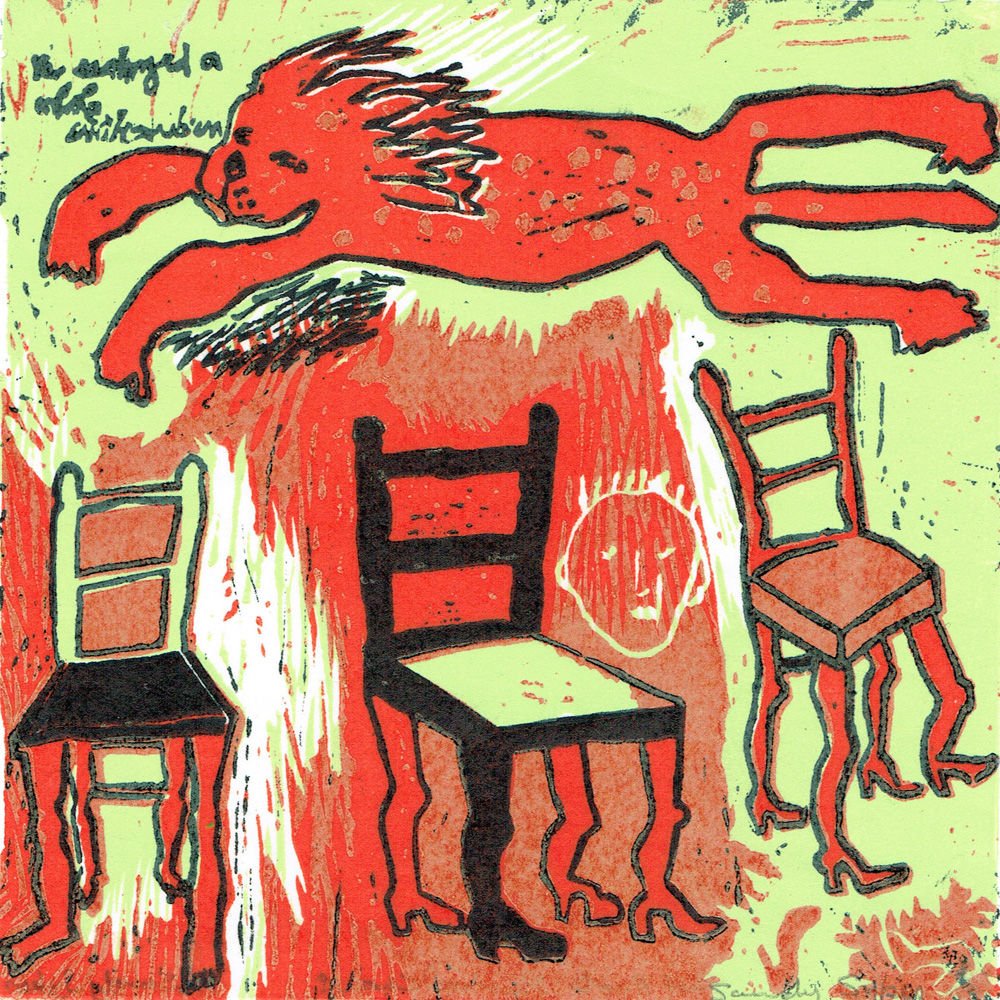 Sandy Sykes - Red Boots Musical Chairs - woodcut