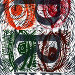 judy macklin '4eyes' wood linocut - Aberystwyth printmakers at Art at Wharepuke NZ-